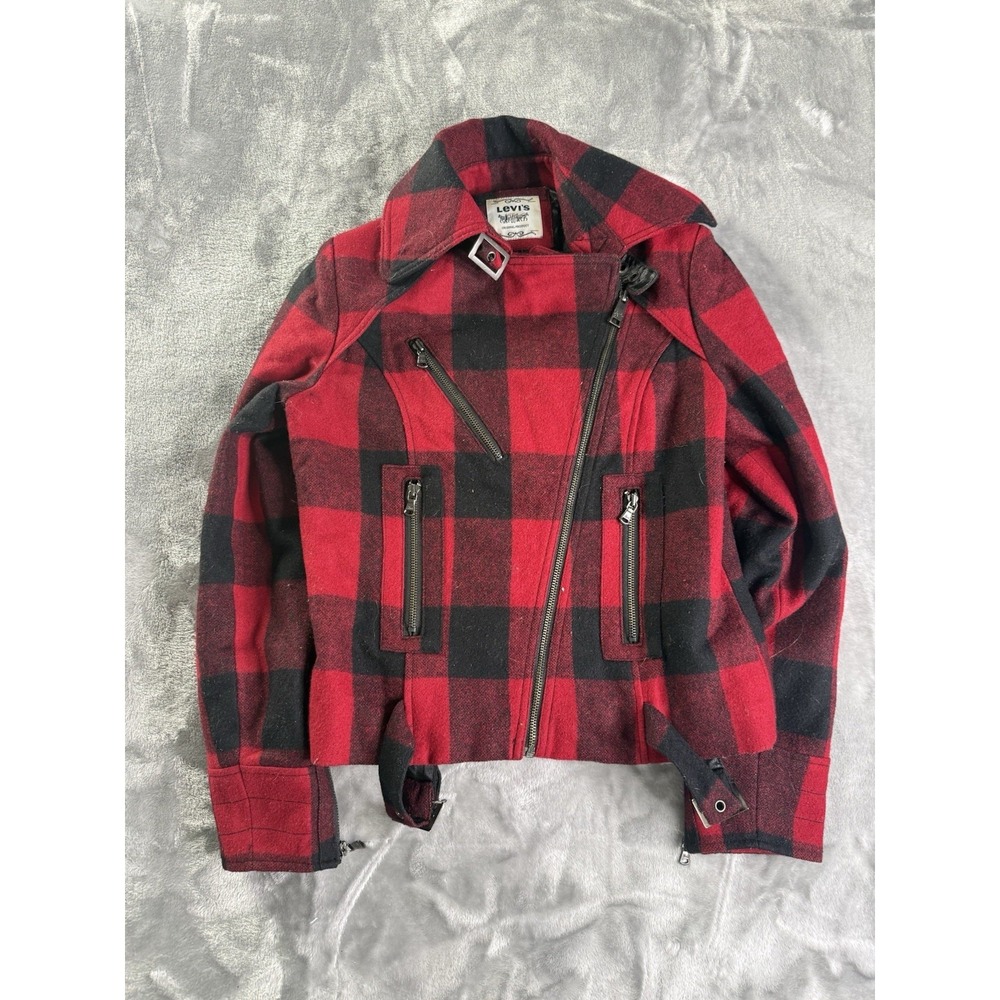 Vtg Levis Plaid Moto Zip Jacket Flannel Lined Cross Zip Sz XS